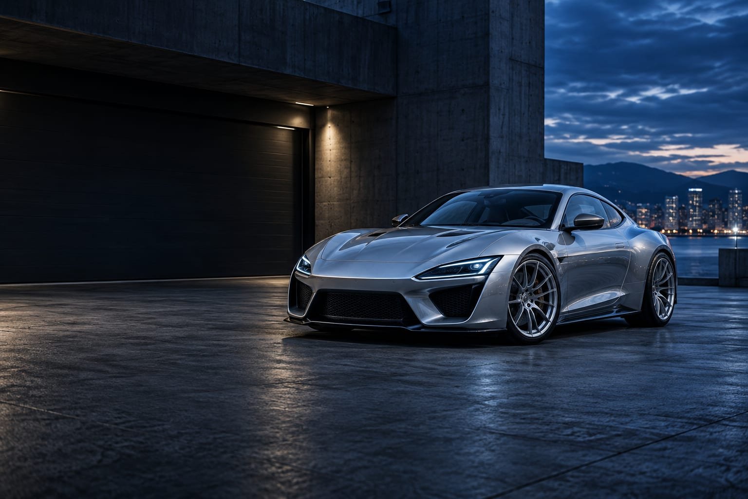 Silbernes, fiktives Sportcoupé vor einer modernen Garage